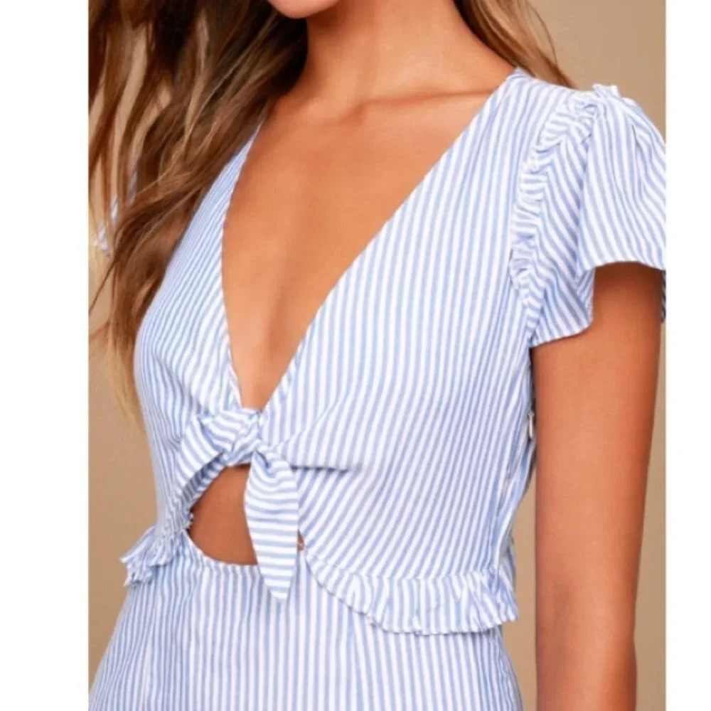 Lulus Seaport Blue and White Striped Tie Front Cutout Dress Size XS - Picture 3 of 10